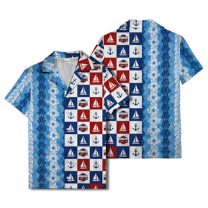 sailing boats & anchors checkered navy blue hawaiian shirt for men