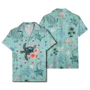 sea turtles swim through coral reef and hibiscus watercolor hawaiian shirt