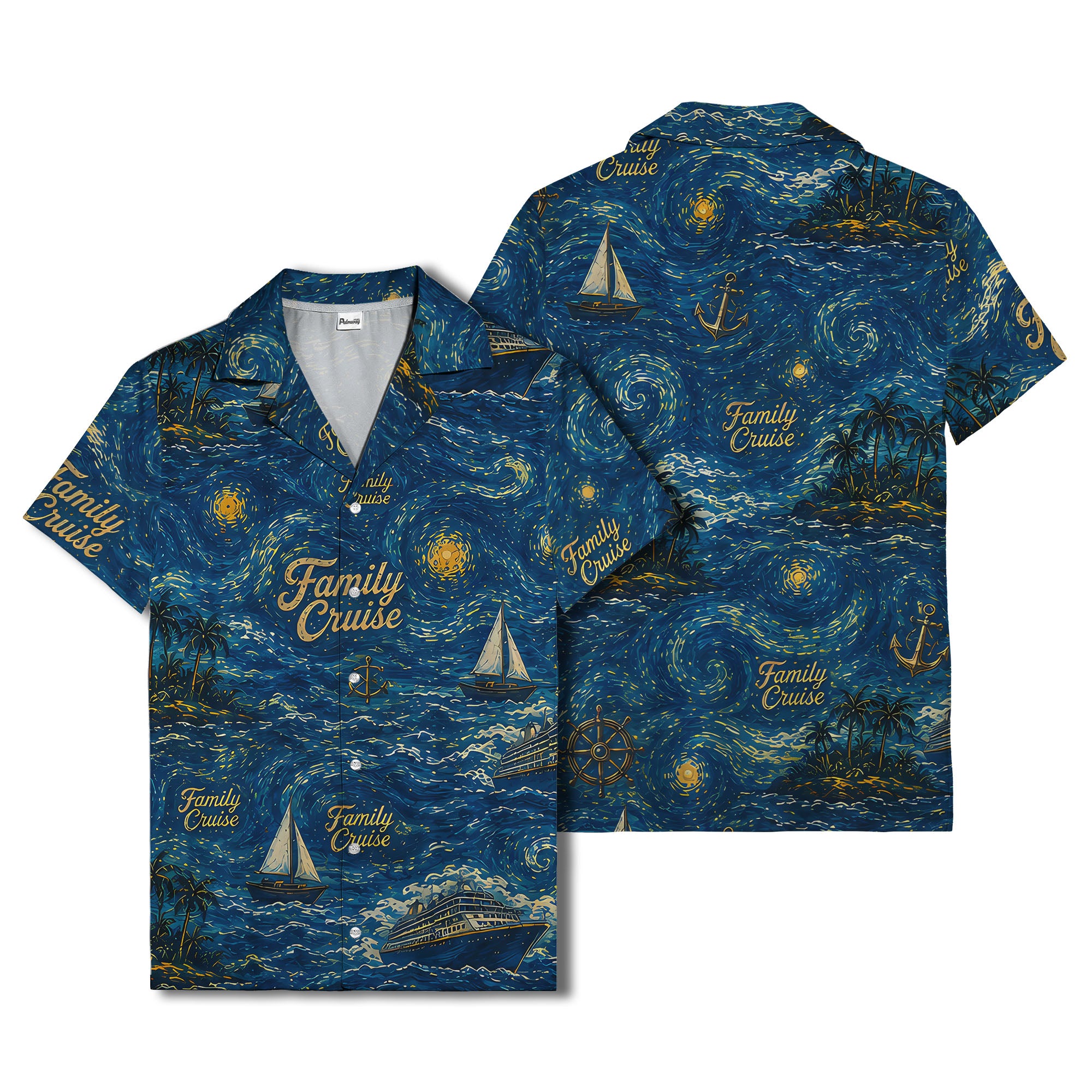 starry night sailboats & cruise ships palm tree hawaiian shirt