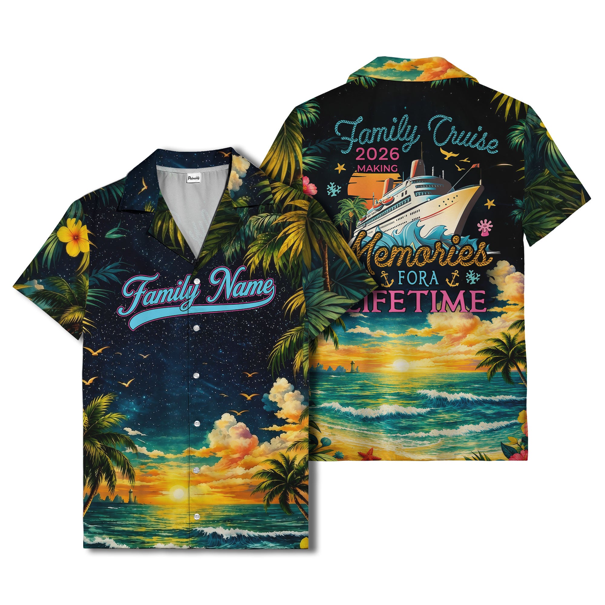starry night sunset palm trees & hibiscus hawaiian shirt