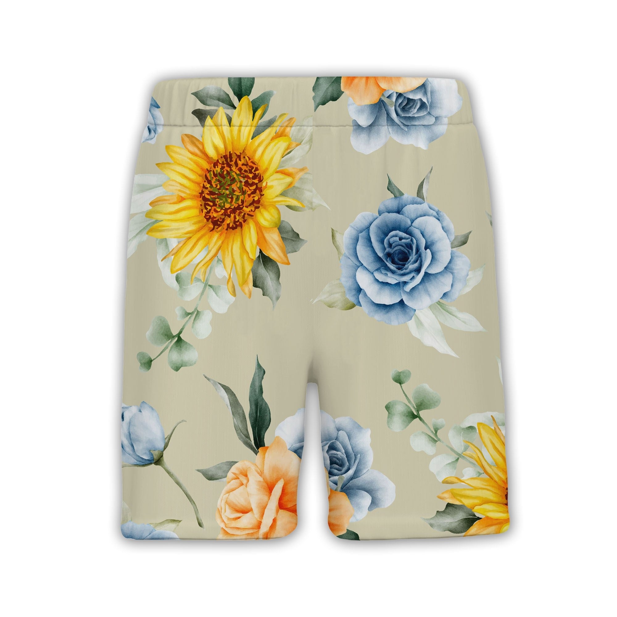 Sunflower and Blue Rose Hawaiian Shirt with Eucalyptus on Khaki Background