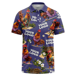 surfing roosters surfboards lei palm trees photorealistic polo shirt