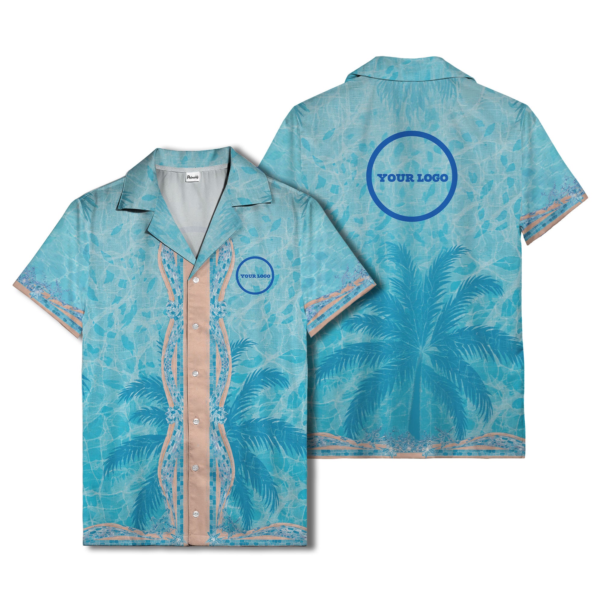 swimming pool mosaic palm trees watercolor hawaiian shirt