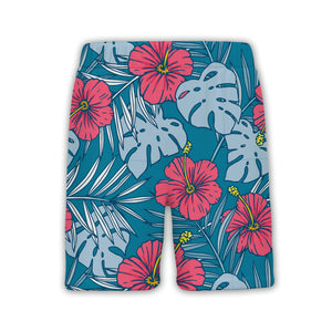 Teal Blue Playful Hibiscus Hawaiian Shirt with Coral Pink and Yellow Blooms