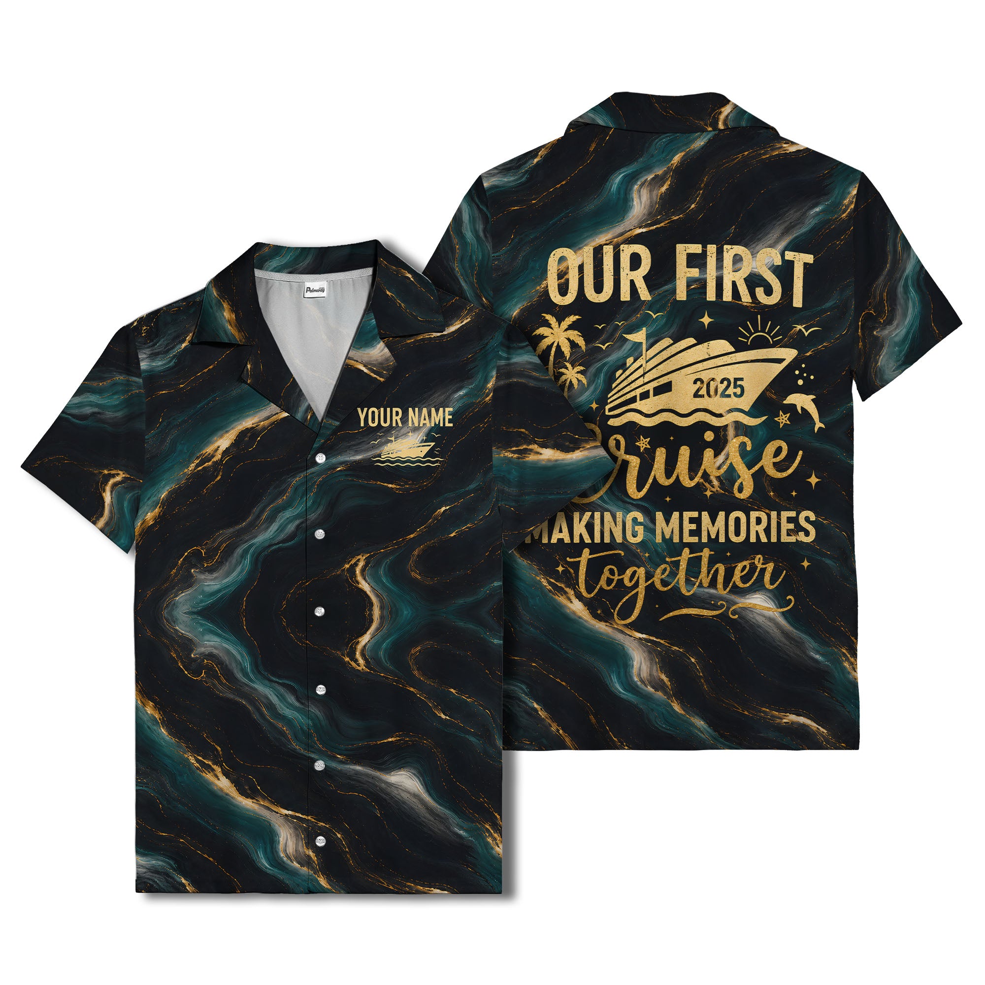 teal gold marble waves luxury yacht abstract hawaiian shirt
