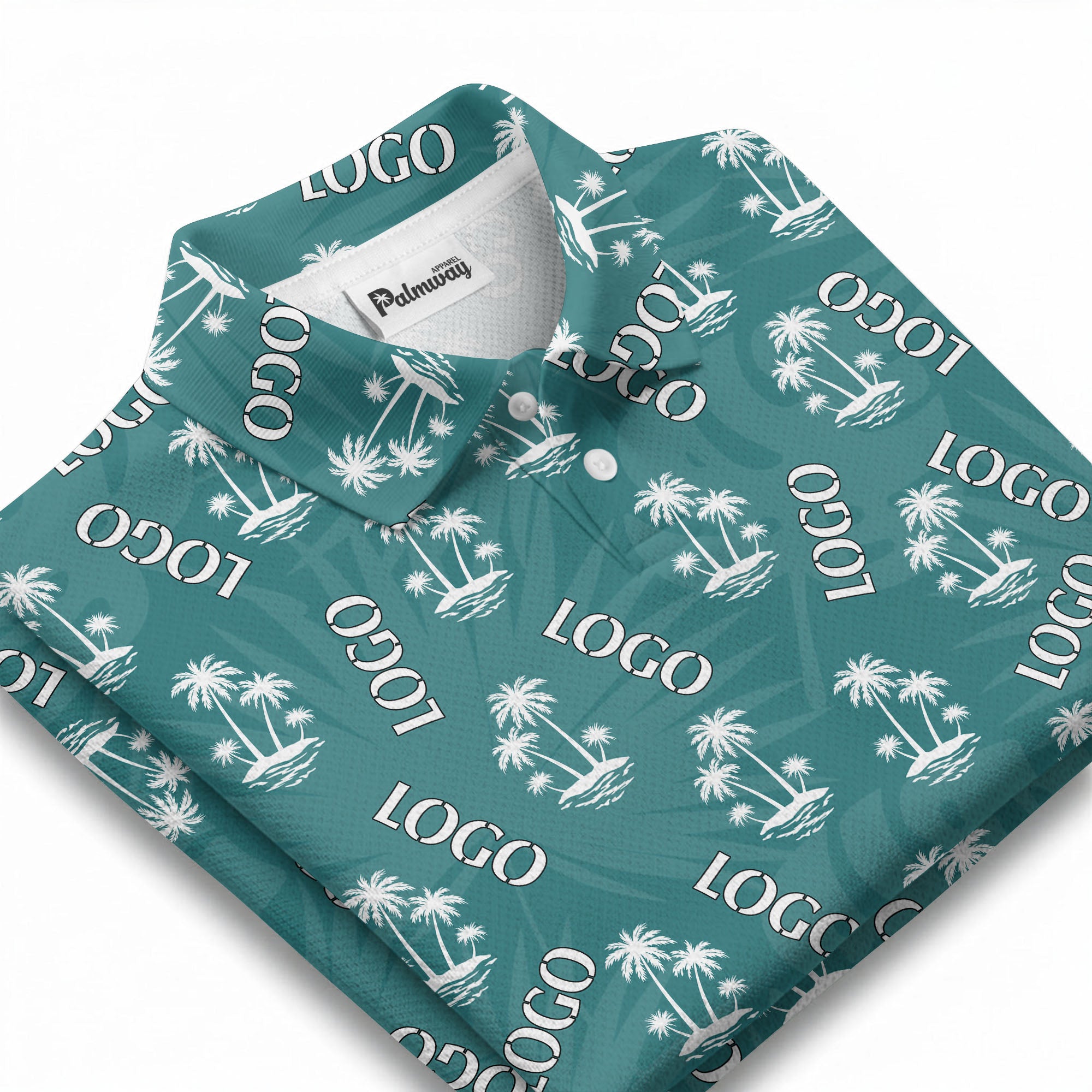 teal tropical island palm trees vacation ready polo shirt for beach days