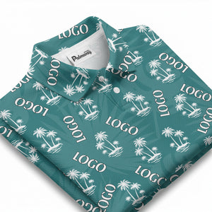 teal tropical island palm trees vacation ready polo shirt for beach days