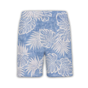 Textured blue Hawaiian shirt with monstera leaves and palm fronds in white outline art