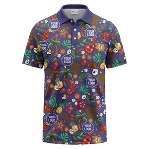 tiki masks palm trees ukuleles watercolor print polo shirt for men