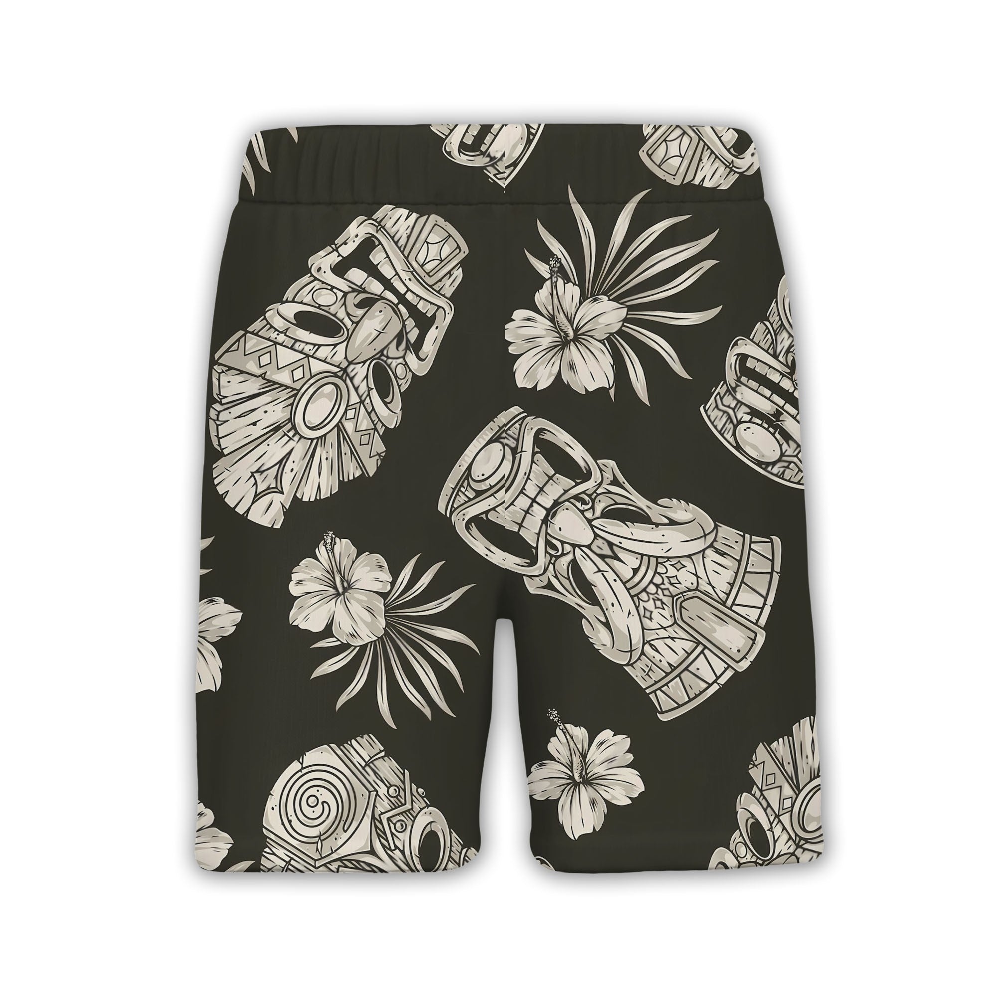 Vintage Greyscale Tiki Hawaiian Shirt with Hibiscus on Charcoal