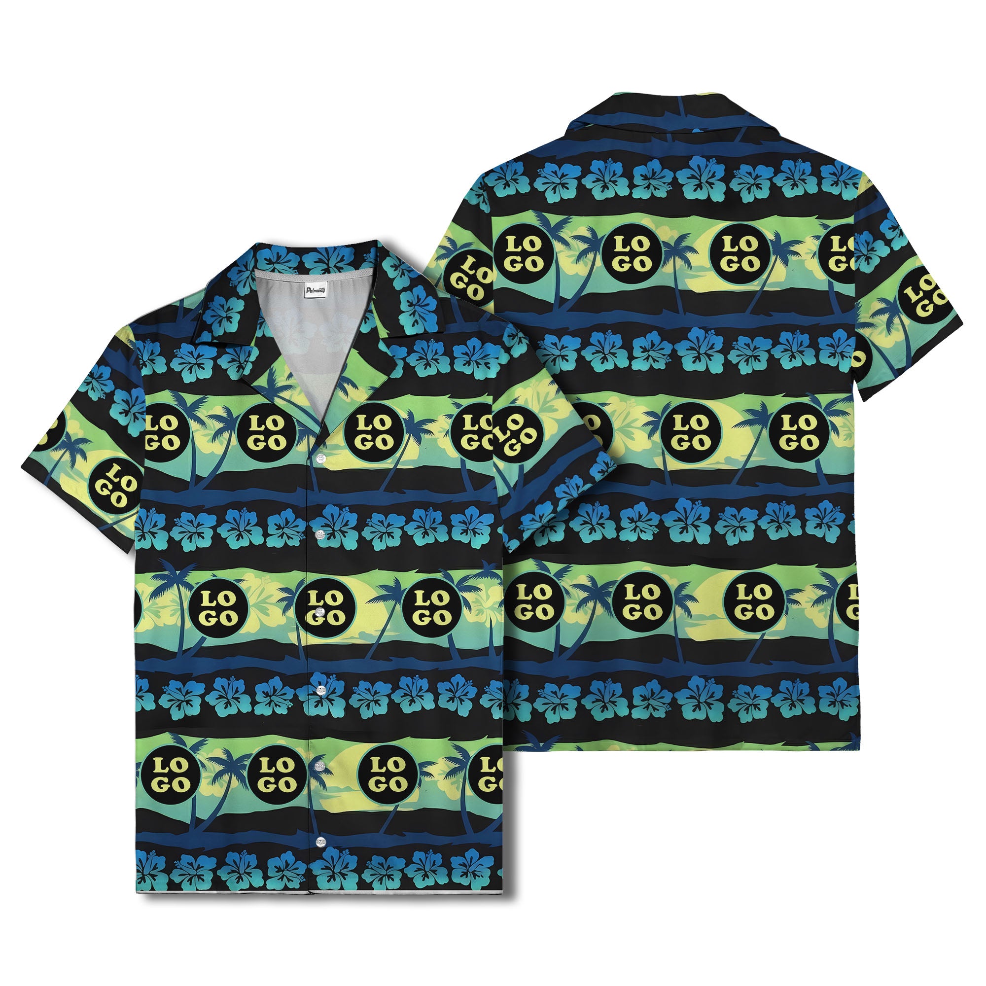 vintage palm trees hibiscus logo repeat navy blue hawaiian shirt