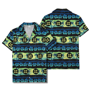 vintage palm trees hibiscus logo repeat navy blue hawaiian shirt