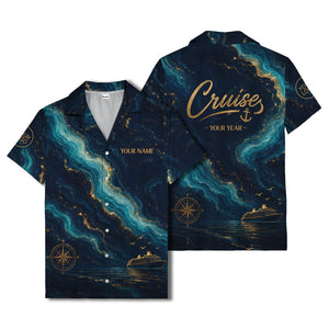 watercolor cruise ship & compass rose ocean waves nautical hawaiian shirt
