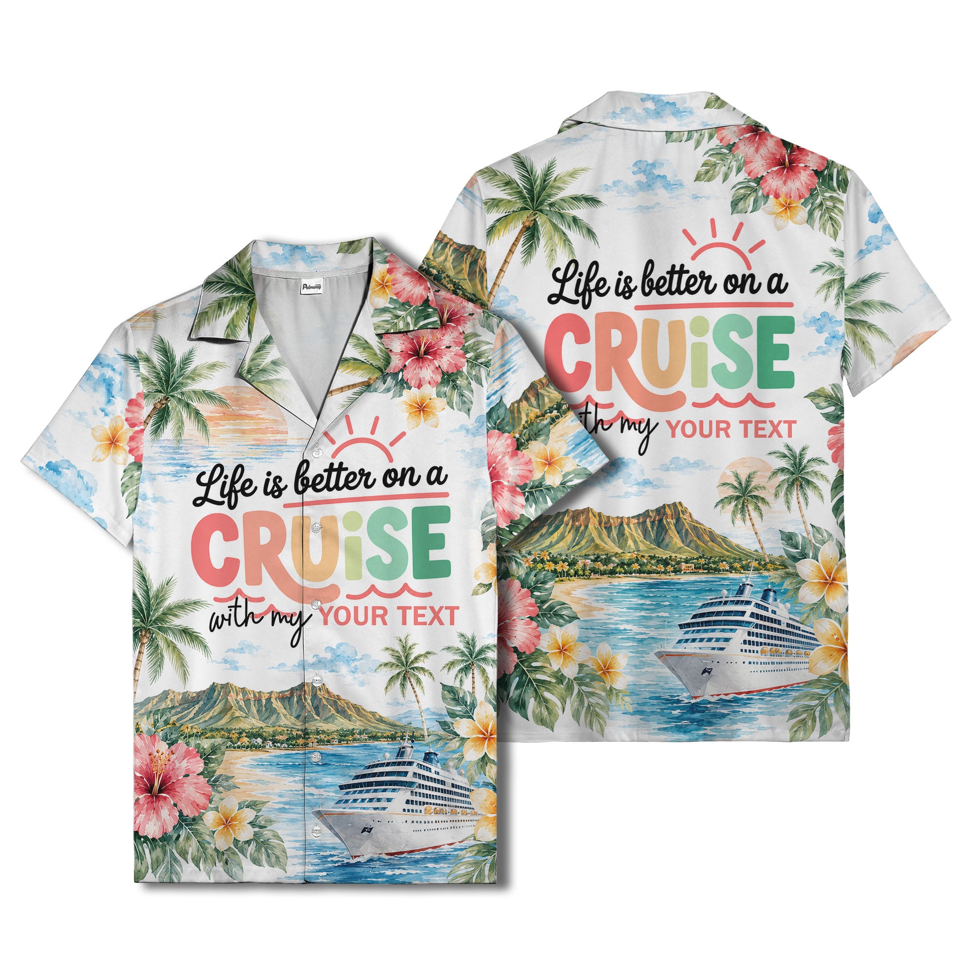 watercolor cruise sunset palm trees hibiscus flowers hawaiian shirt
