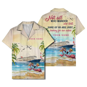 watercolor flamingo cruise ship lighthouse beach scene hawaiian shirt