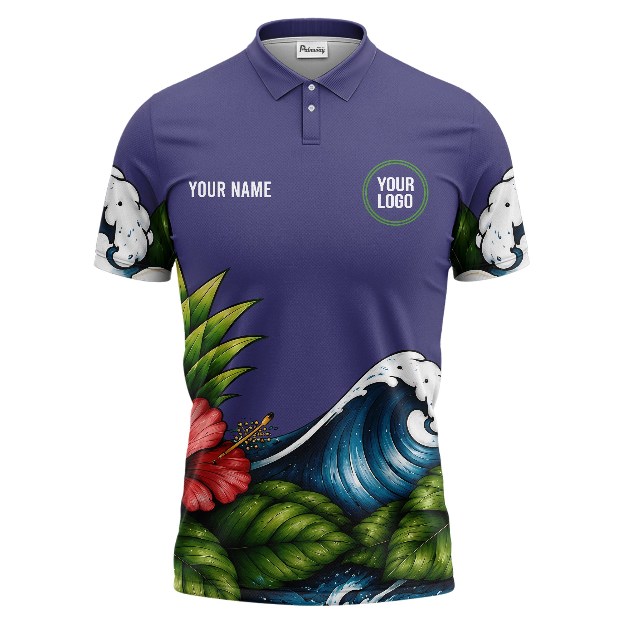 watercolor ocean wave palm leaf hibiscus floral navy blue polo shirt for men