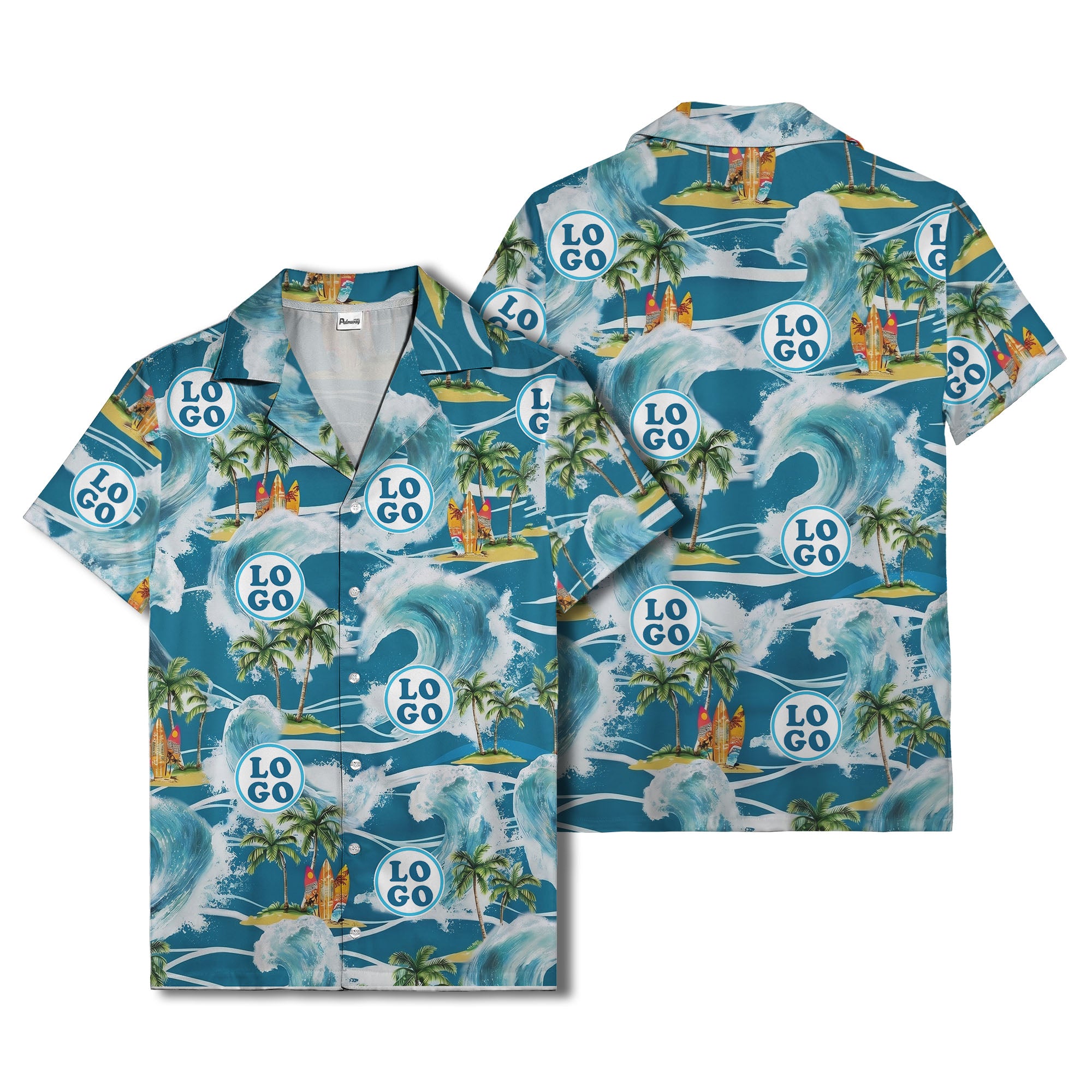 watercolor ocean waves palm trees surfboards hawaiian shirt for men