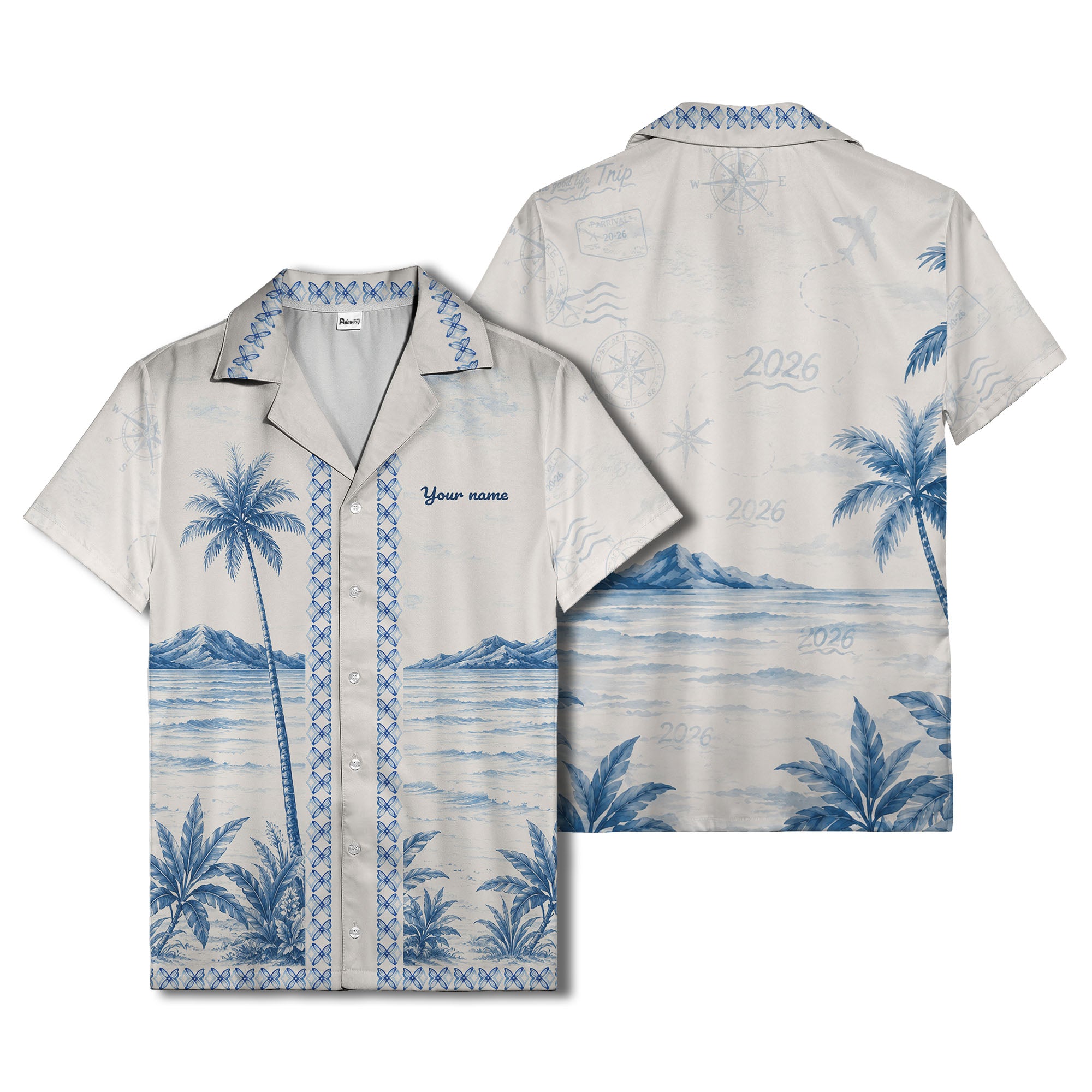 watercolor palm trees mountain waves navy blue hawaiian shirt