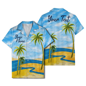 watercolor palm trees sandy beach ocean waves hawaiian shirt