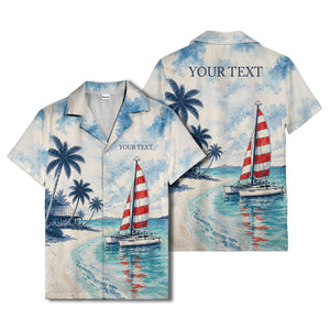 watercolor sailboats & palm trees beach scene navy hawaiian shirt for men