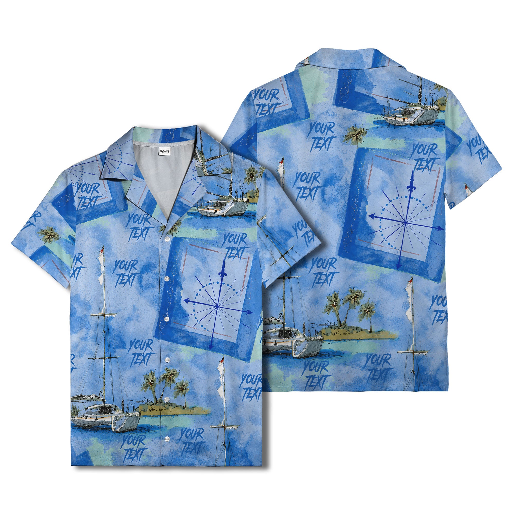 watercolor sailing ships & palm trees ocean hawaiian shirt