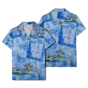 watercolor sailing ships & palm trees ocean hawaiian shirt