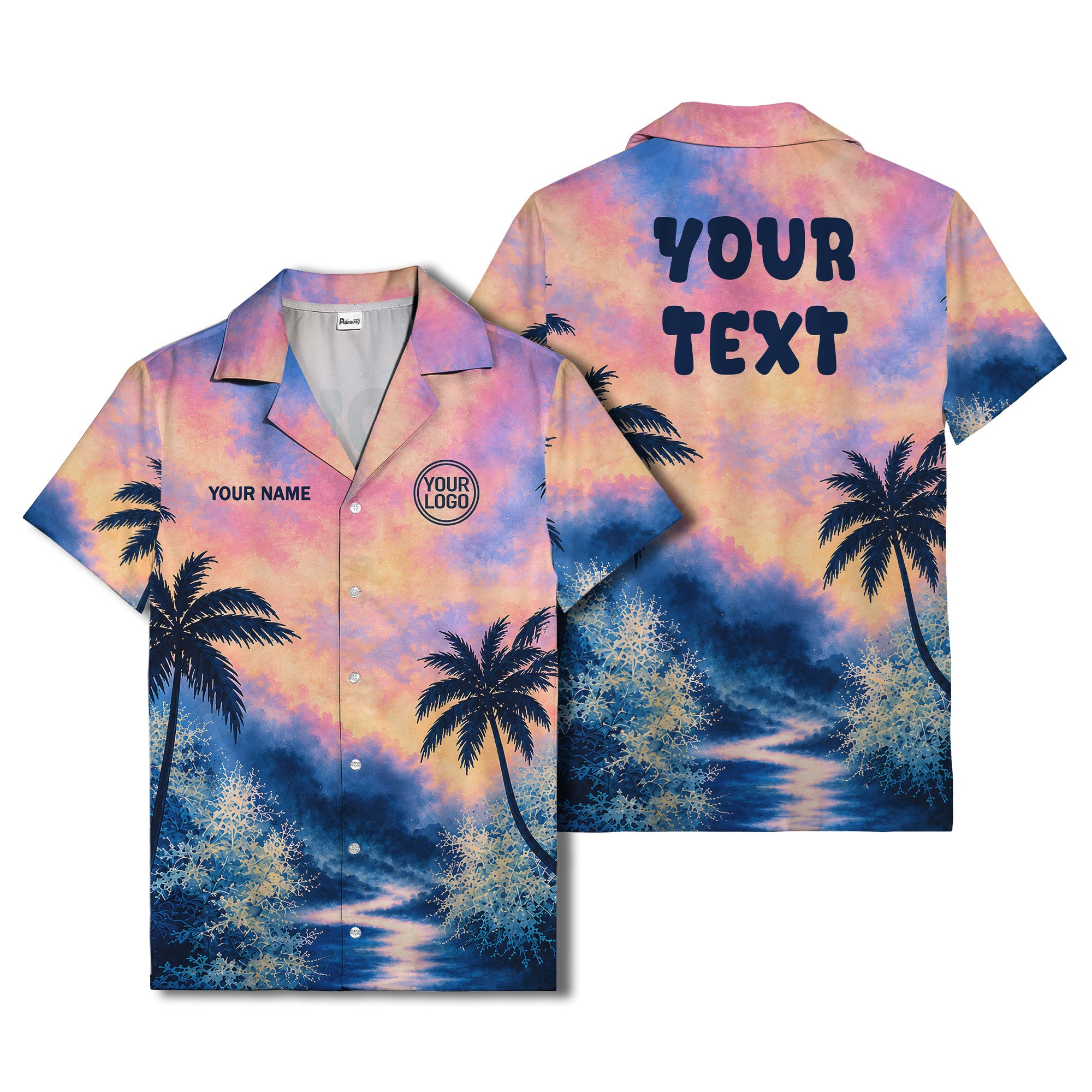 watercolor sunset palm trees coral reef navy hawaiian shirt