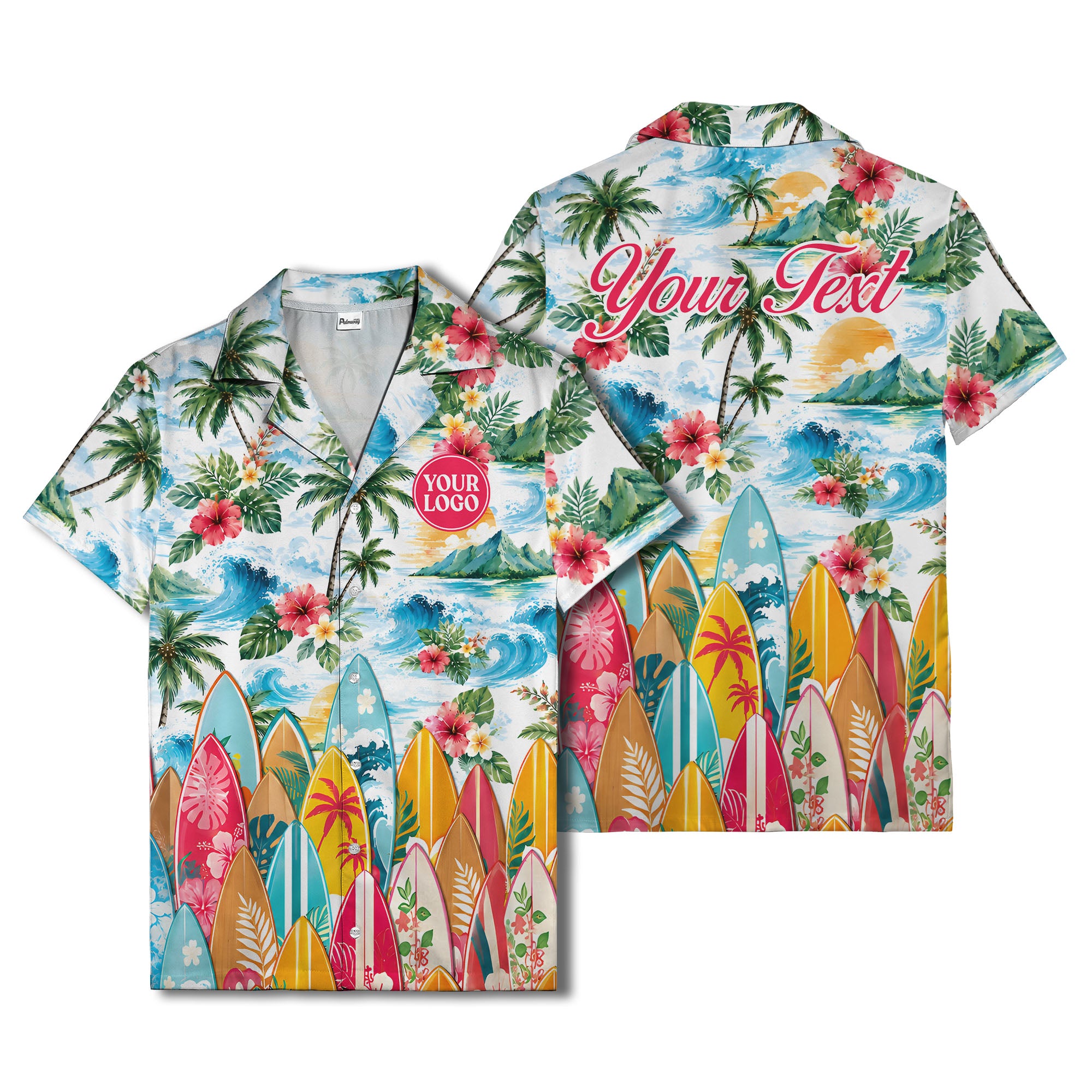 watercolor surfboards palm trees hibiscus hawaiian shirt for men