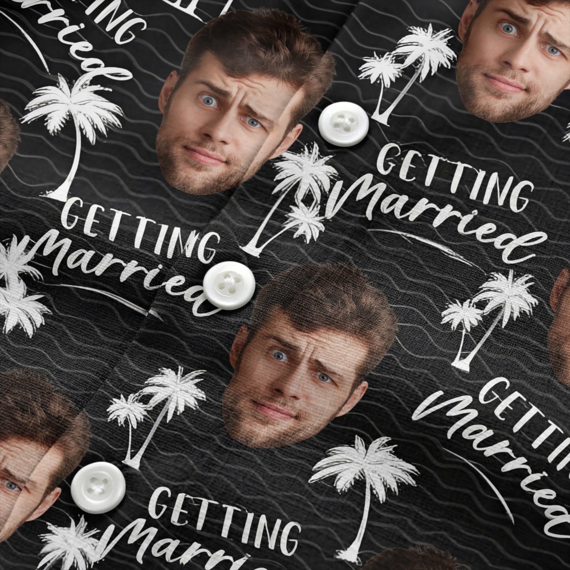 wedding announcement faces & palm trees illustrated fun hawaiian shirt for men