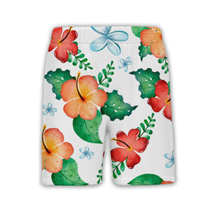 White Watercolor Hibiscus Hawaiian Shirt with Blue Plumeria and Tropical Leaves