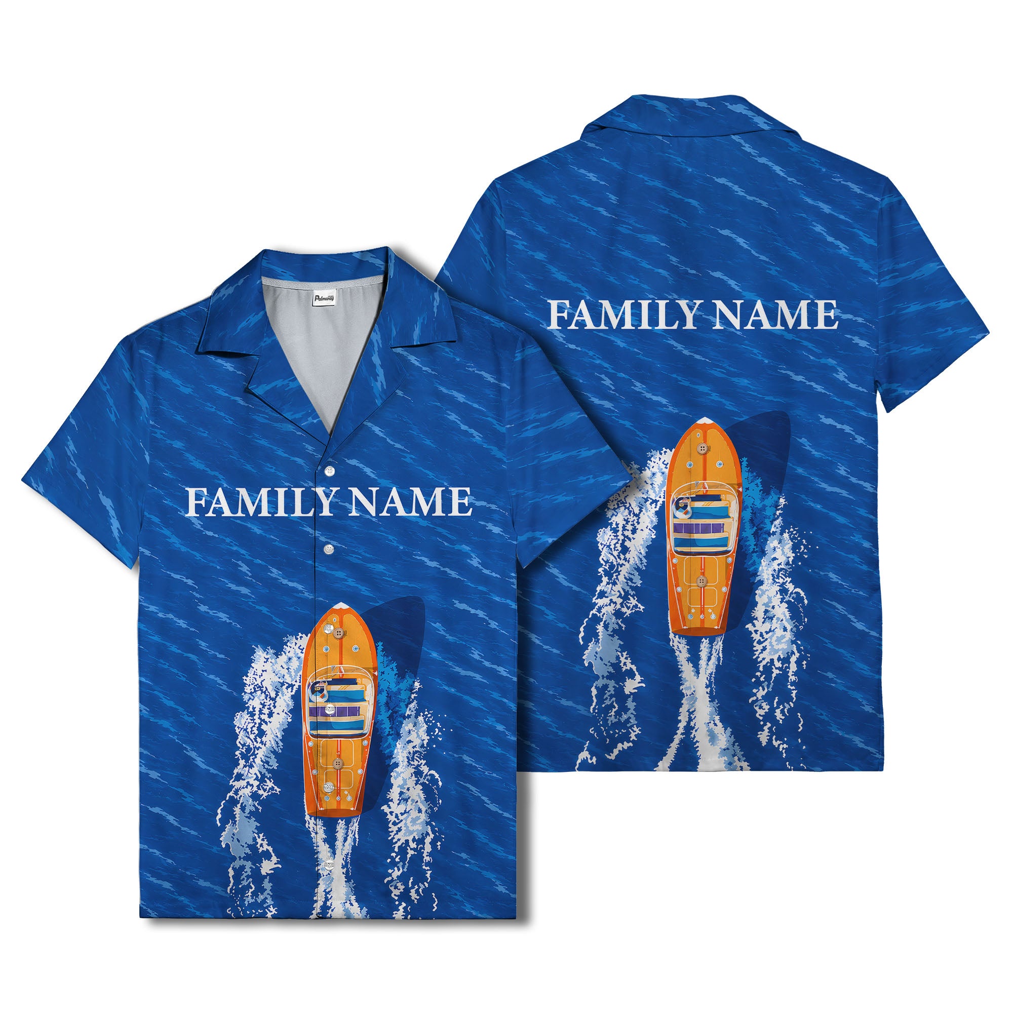 wooden speedboat racing navy blue ocean waves hawaiian shirt