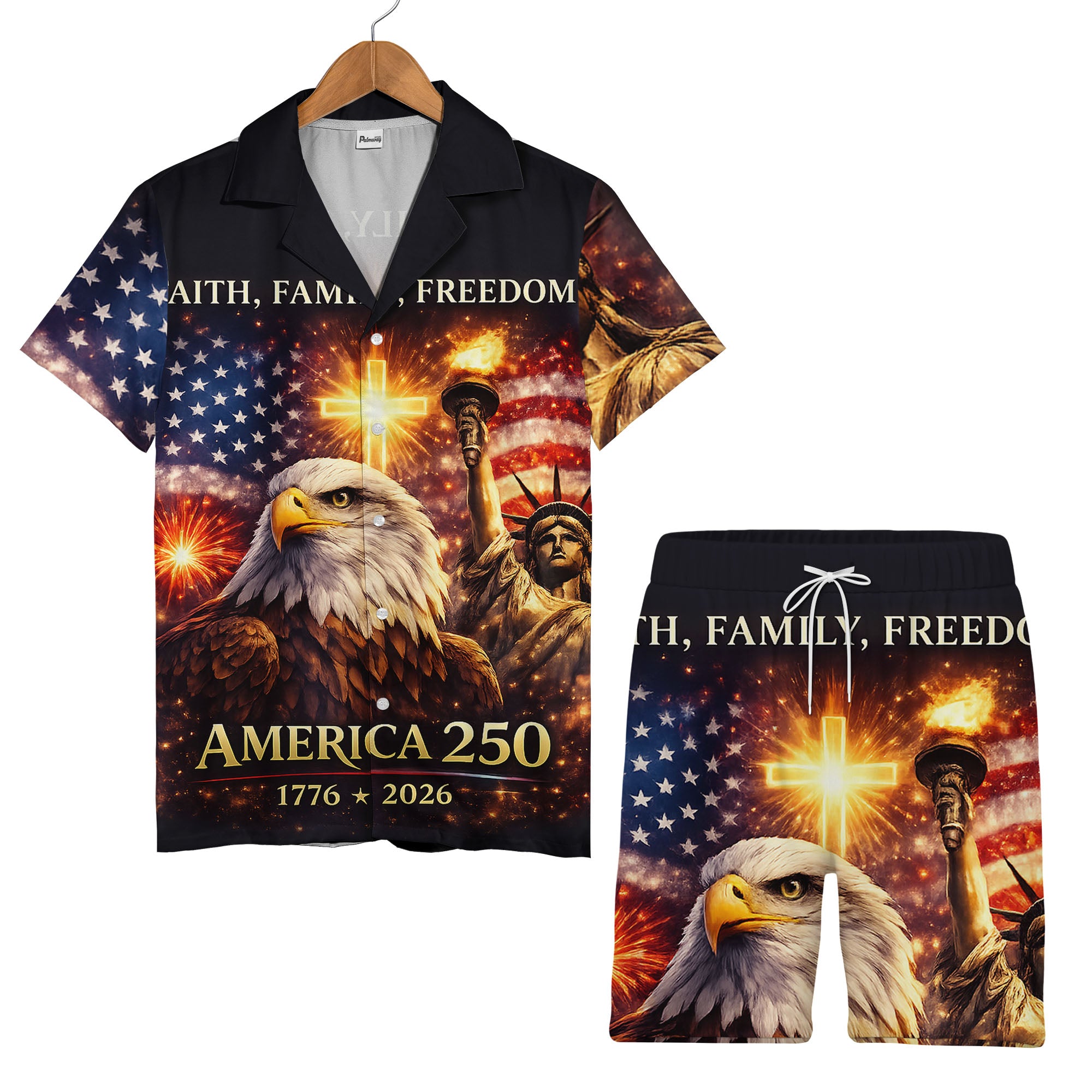 America 250 Bald Eagle Hawaiian Shirt - Statue of Liberty & Fireworks Realistic Print