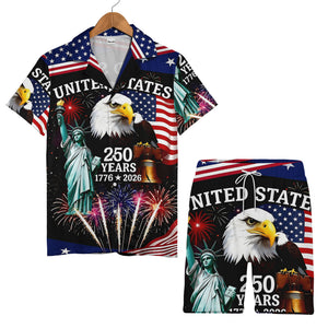 American Icons Hawaiian Shirt - Eagle Liberty Bell Statue of Liberty & Fireworks Print