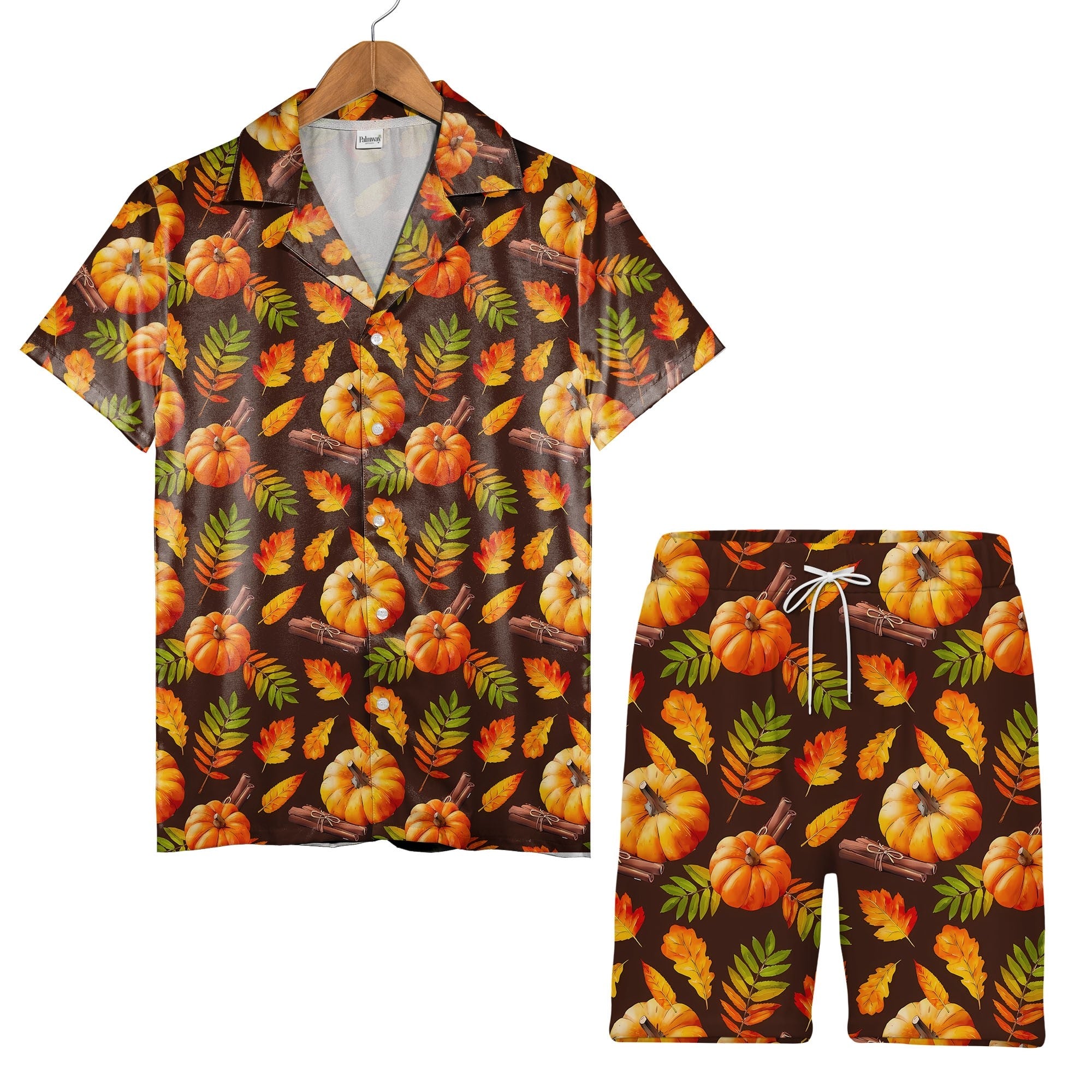 Autumn Harvest Pumpkin Hawaiian Shirt with Cinnamon on Brown