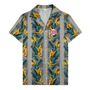 bird of paradise blossoms & tribal border black hawaiian shirt for men