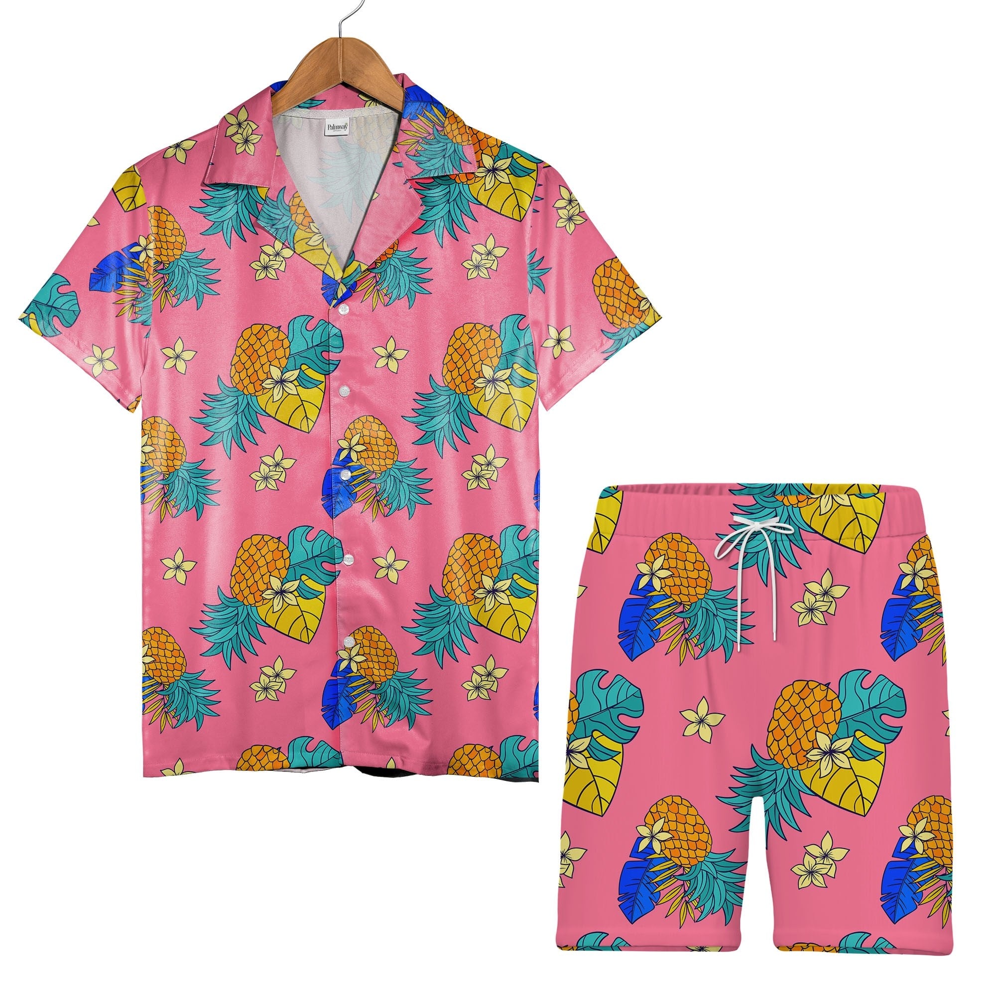 Bold Graphic Pineapple Hawaiian Shirt with Plumeria on Hot Pink
