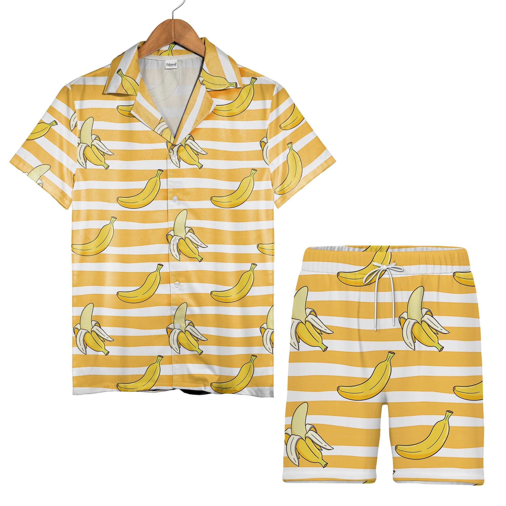 Cartoon Banana Hawaiian Shirt on Yellow and White Wavy Stripes