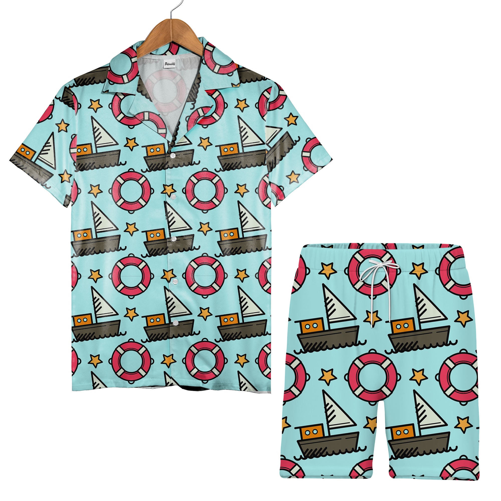 Cartoon Sailboat & Lifebuoy Hawaiian Shirt – Nautical Ocean Wave Pattern