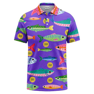 colorful cartoon fish & custom logo repeat all-over print polo shirt