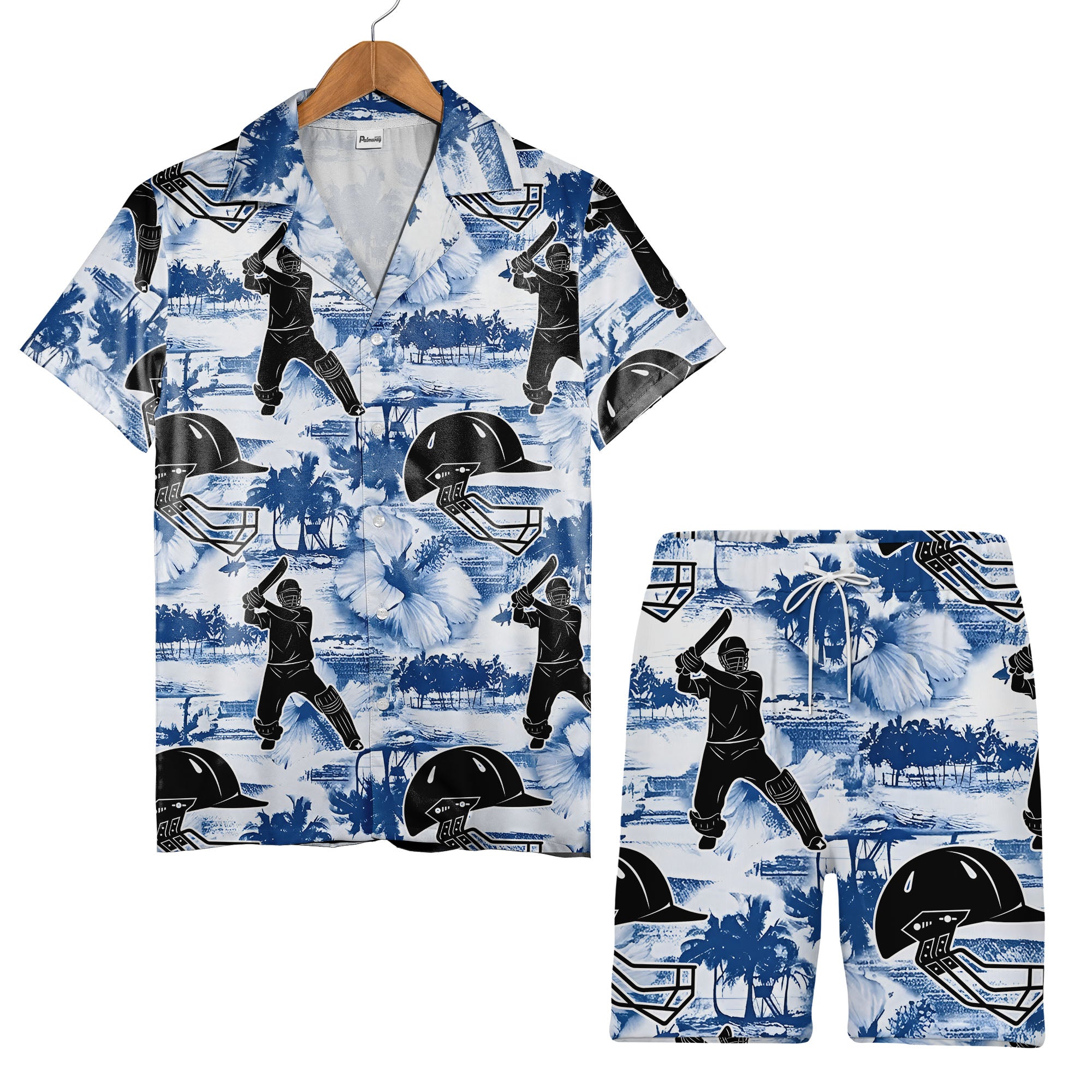Cricket Tropical Hawaiian Shirt - Players Helmets Palm Trees Hibiscus Floral