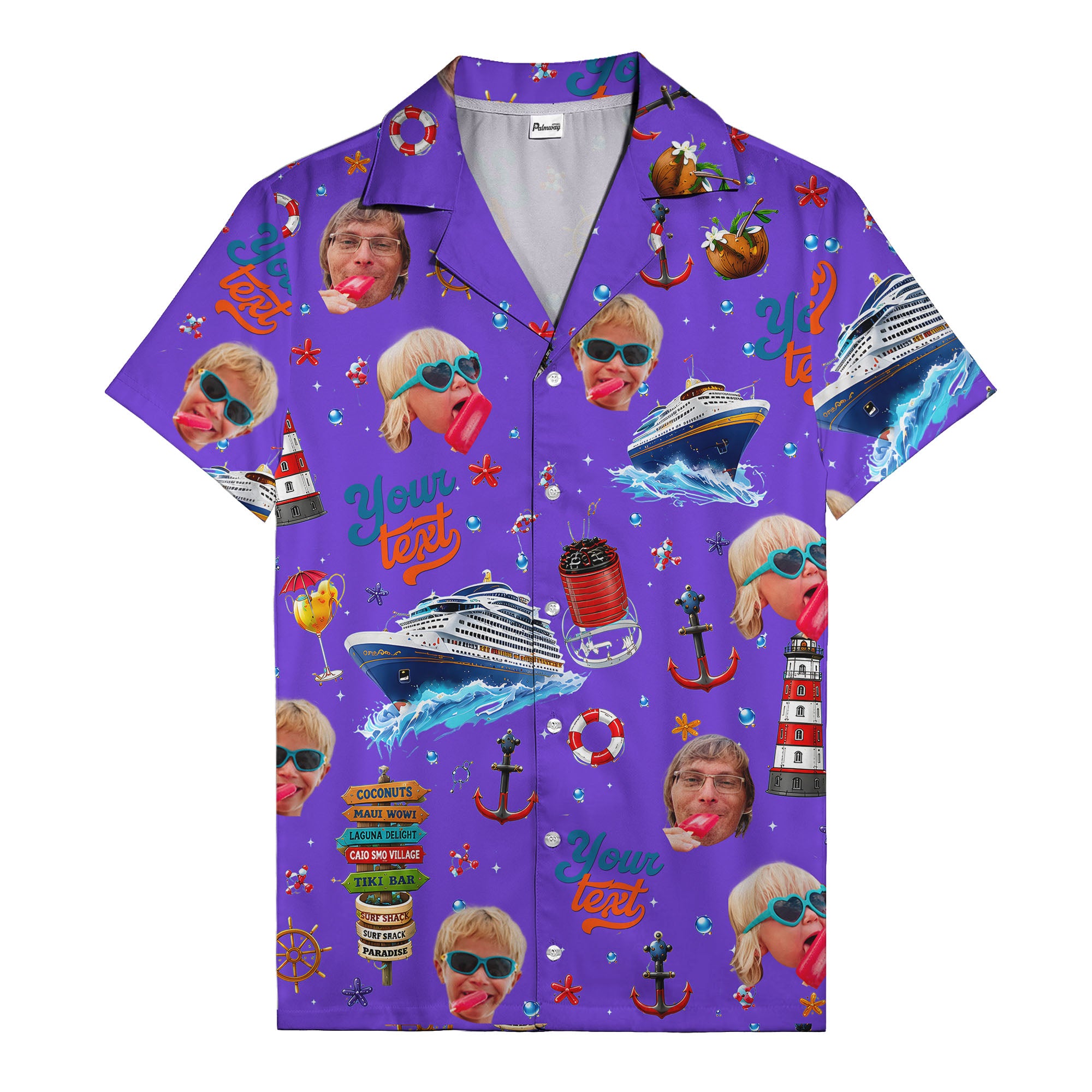 cruise ship faces & cocktail signs cartoon hawaiian shirt