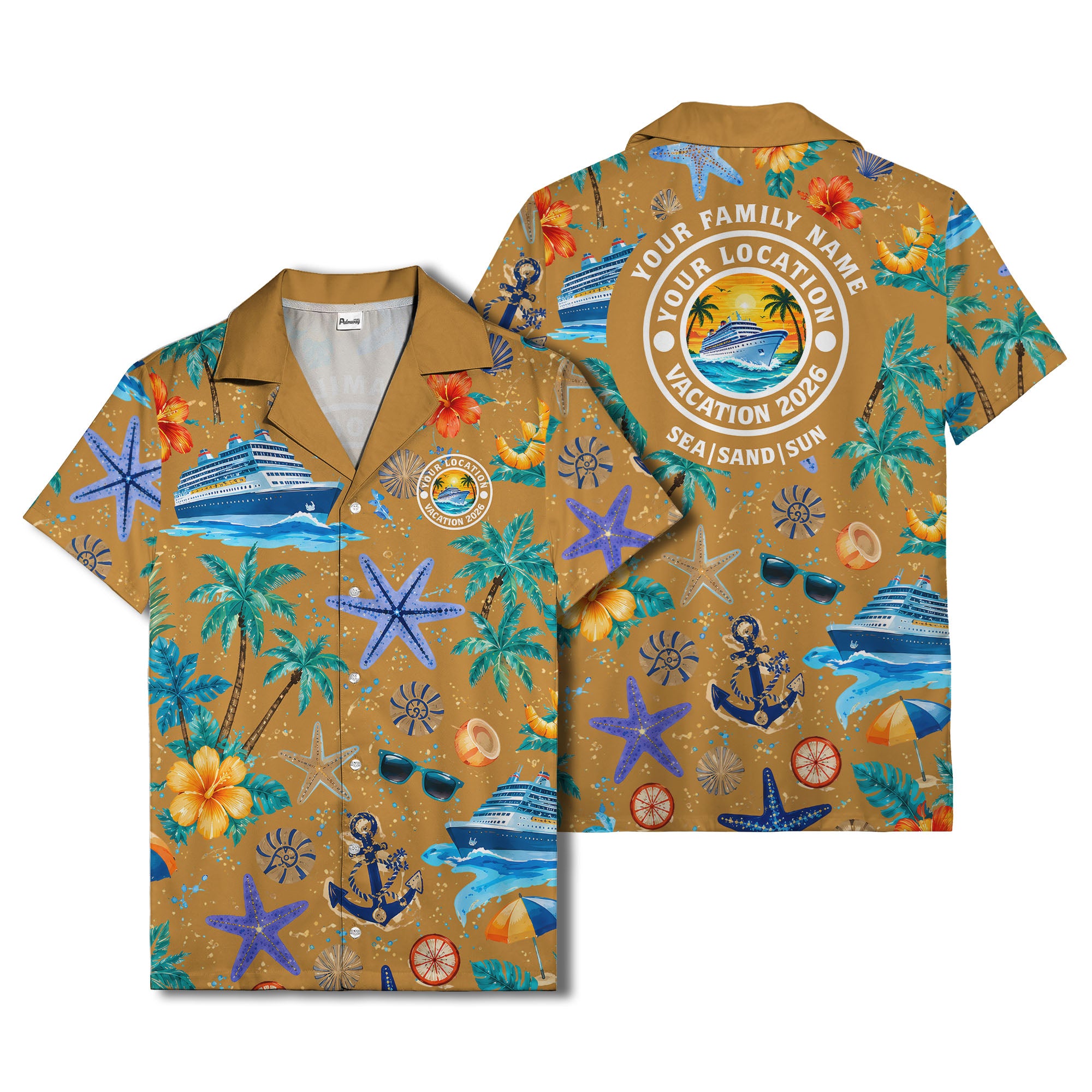 cruise ship palm trees starfish watercolor hawaiian shirt
