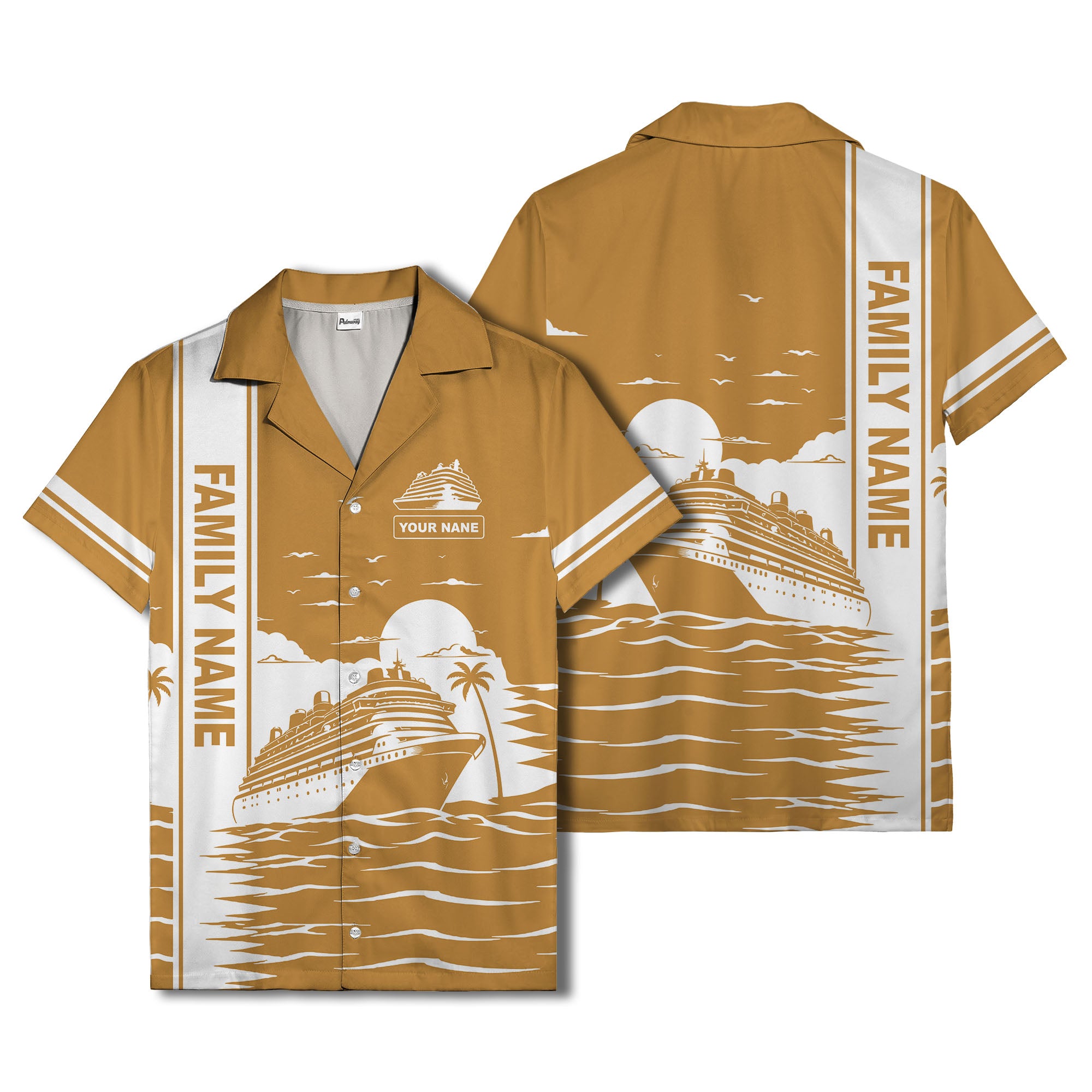 cruise ship silhouette sunset palm trees hawaiian shirt