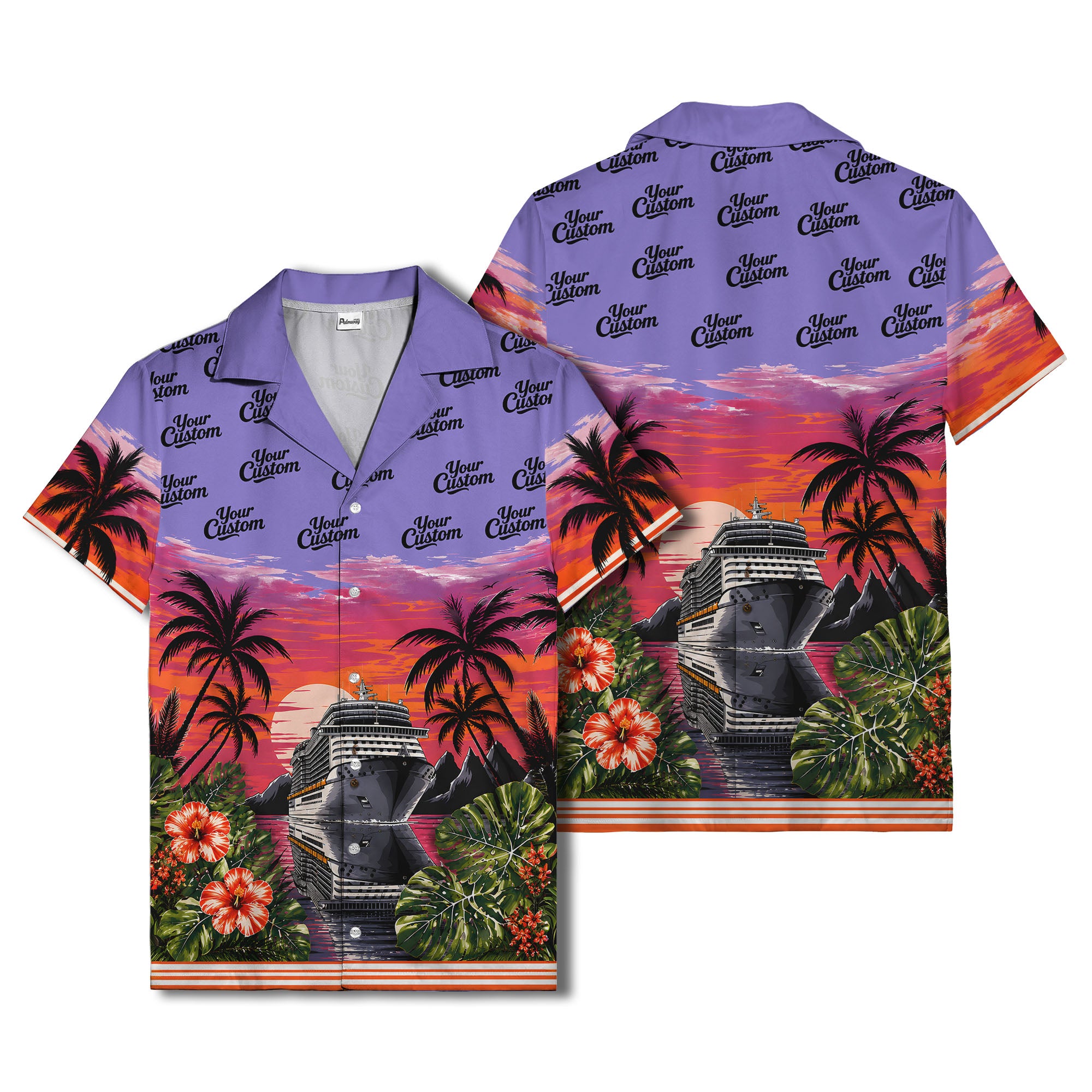 cruise ship sunset palm trees hibiscus flowers hawaiian shirt for men