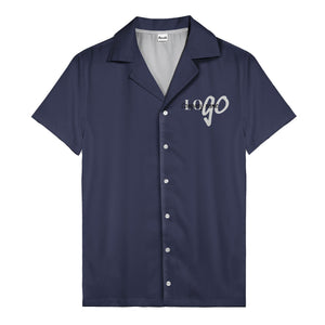 custom logo typography on solid black minimalist modern hawaiian shirt