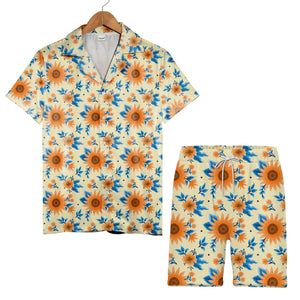 Decorative Orange Sunflower Hawaiian Shirt with Blue Leaves on Yellow
