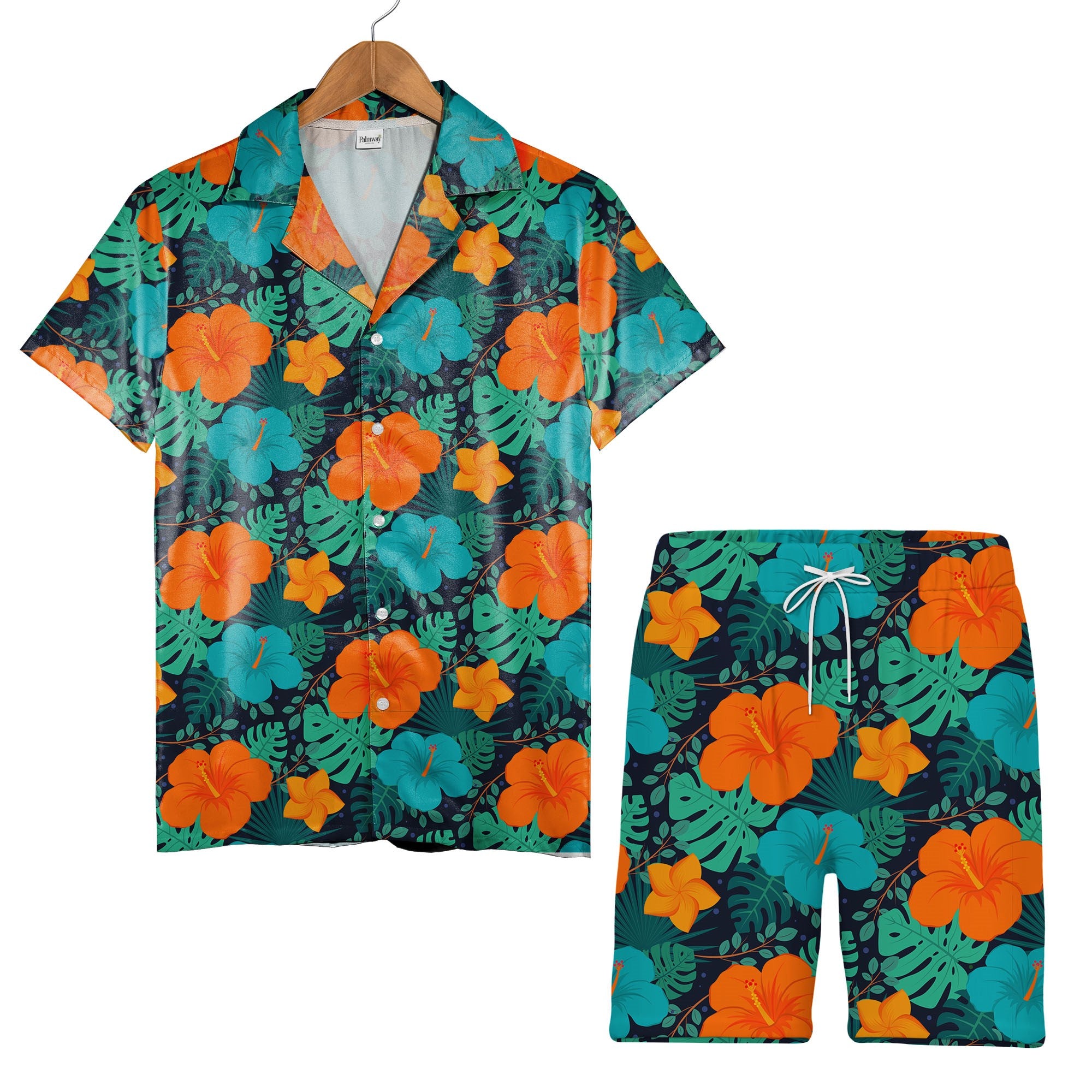 Deep Midnight Blue Vibrant Hibiscus Hawaiian Shirt with Plumeria and Fan Palm