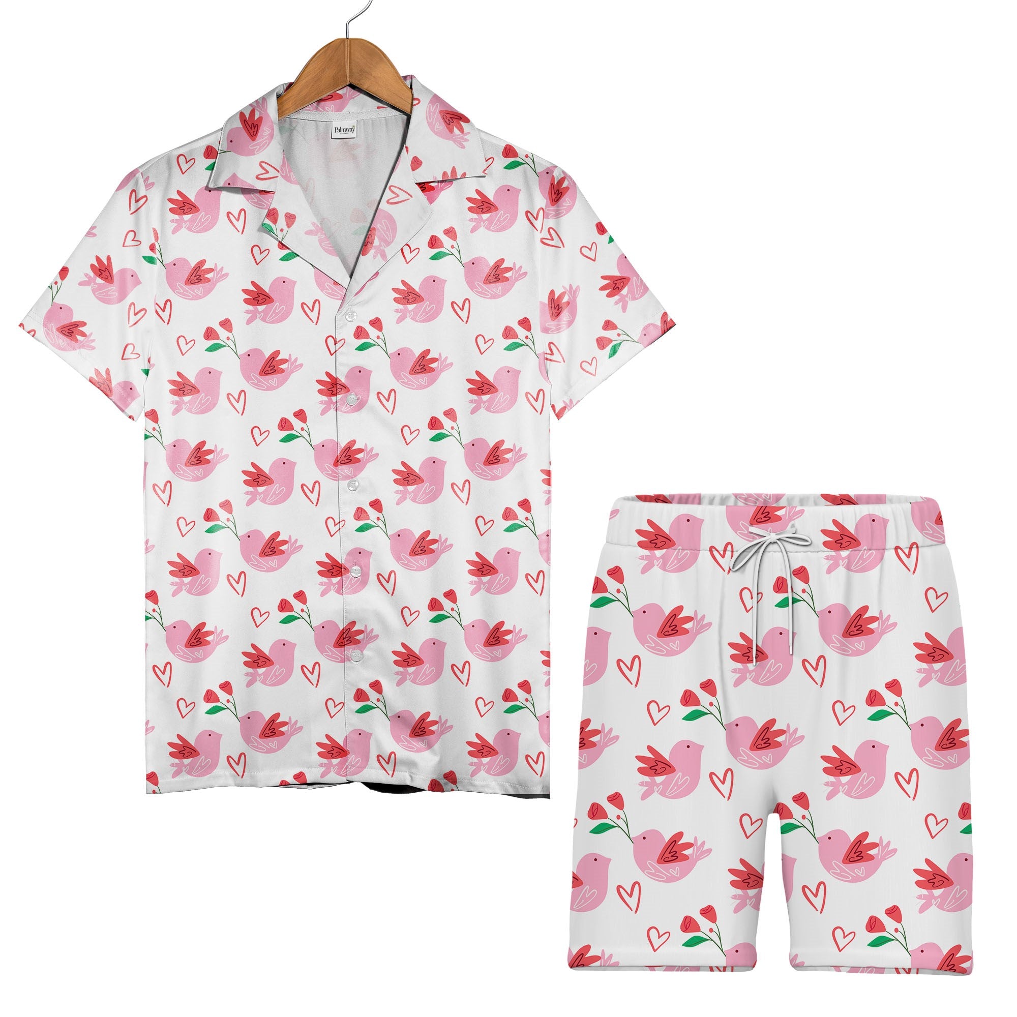 Doodle Art Hearts Hawaiian Shirt in Baby Blue with Coral and Pink Accents