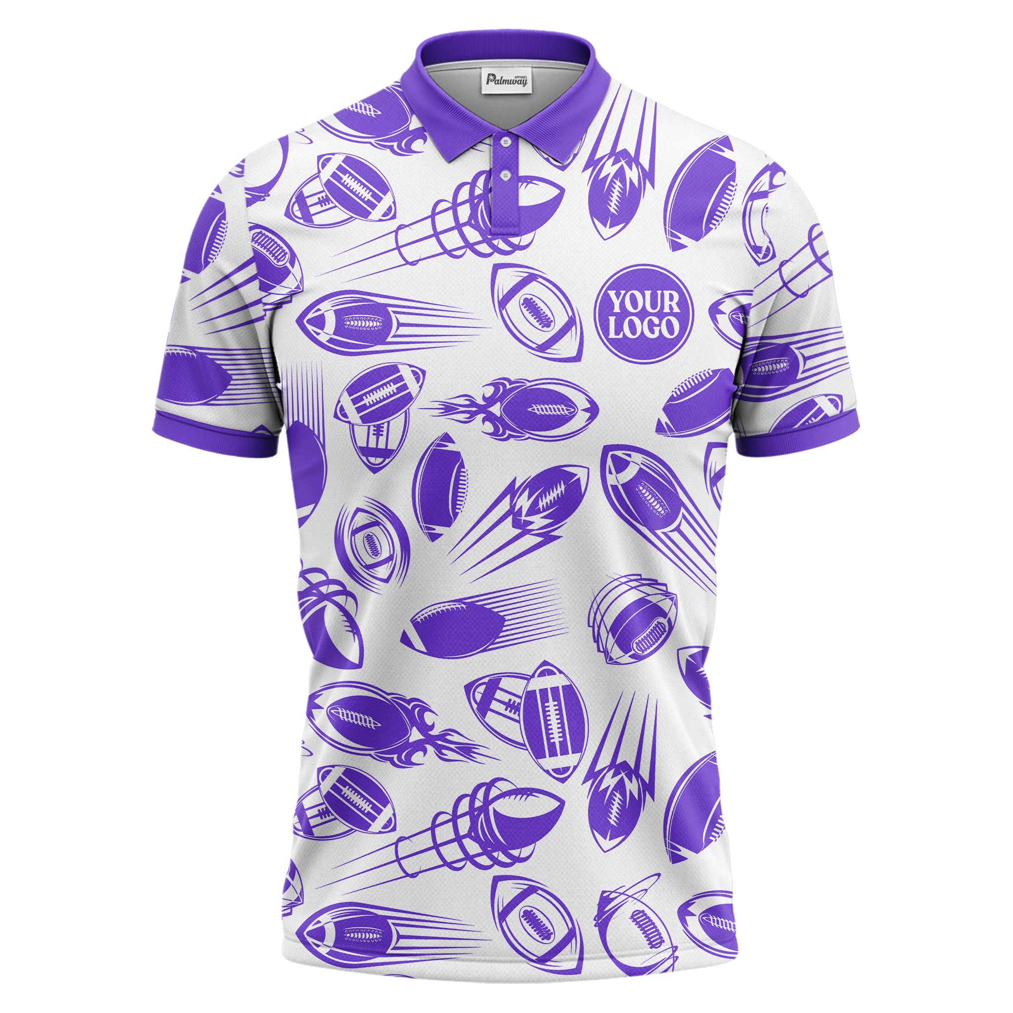 dynamic footballs & speed lines graphic black white sports polo shirt