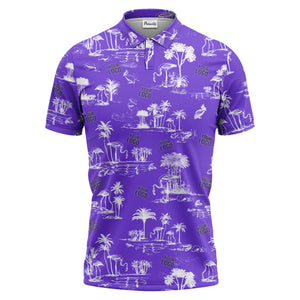 flamingo oasis palm trees sketch pattern black white polo shirt for men